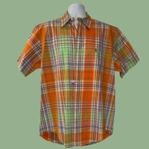Y2K Ralph Lauren Classic Fit Short Sleeve Plaid Shirt Vibrant Orange-Green Large